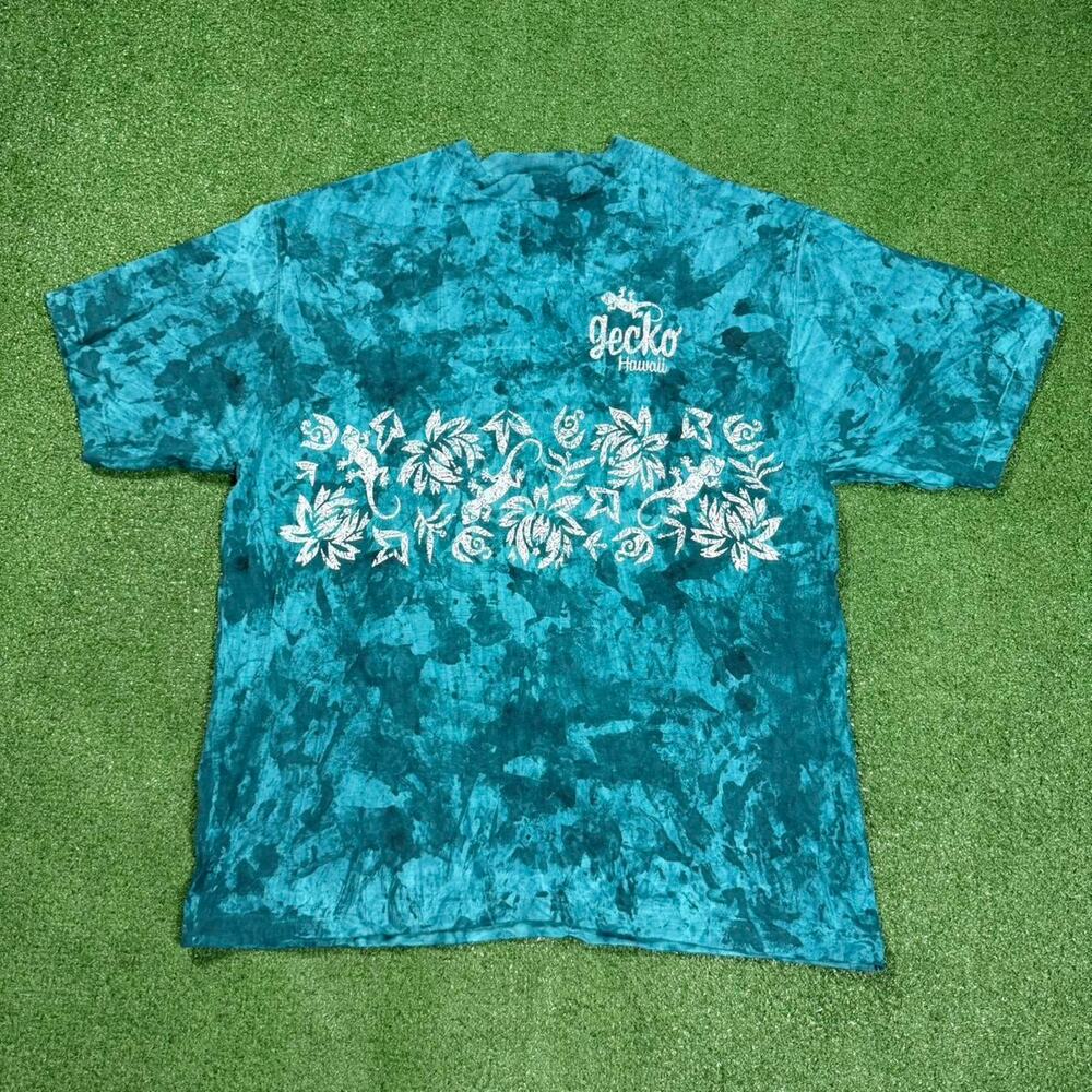 Vintage Gecko Hawaii T-Shirt Mens XL Blue Green AOP Graphic Surf Skate USA 90s